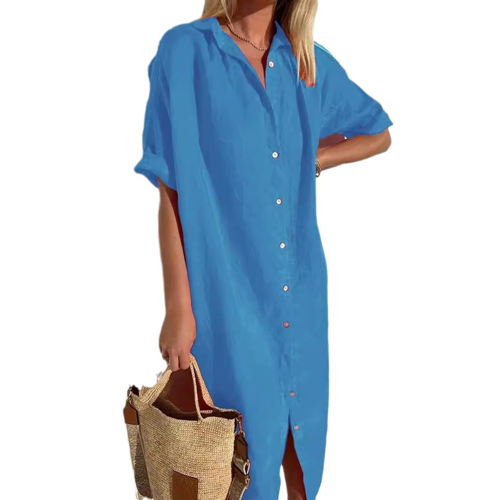 Loose Short Sleeve Button-Up Dress for Women