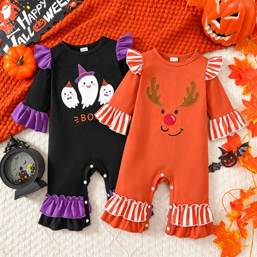 Infant Halloween Romper with Ruffle Ghost Deer Embroidery Long Sleeve Onesie Baby Outerwear Crawling Suit
