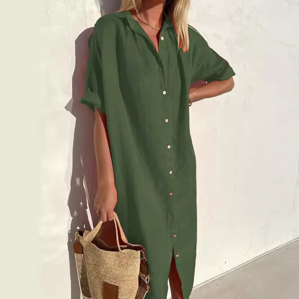 Loose Short Sleeve Button-Up Dress for Women