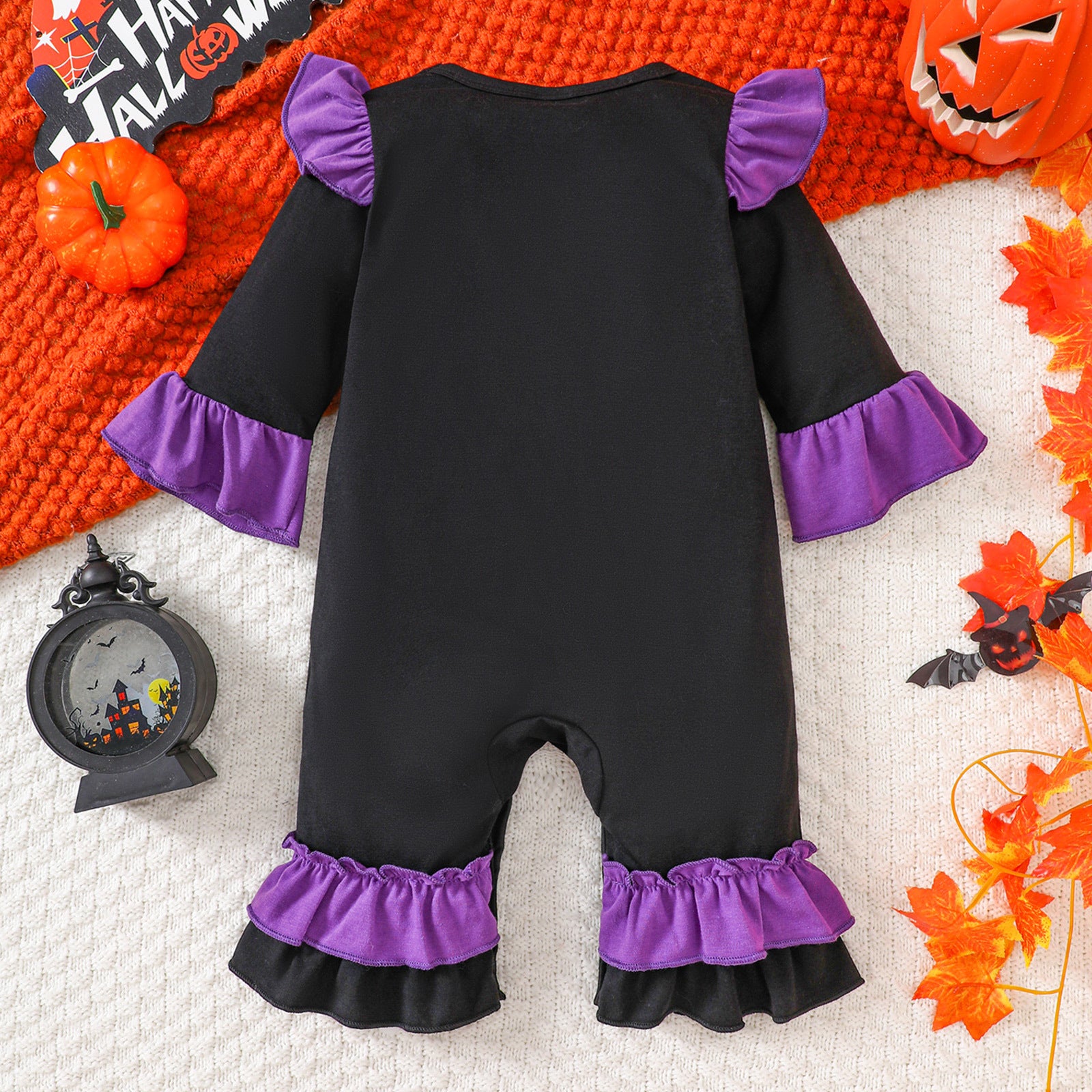 Infant Halloween Romper with Ruffle Ghost Deer Embroidery Long Sleeve Onesie Baby Outerwear Crawling Suit