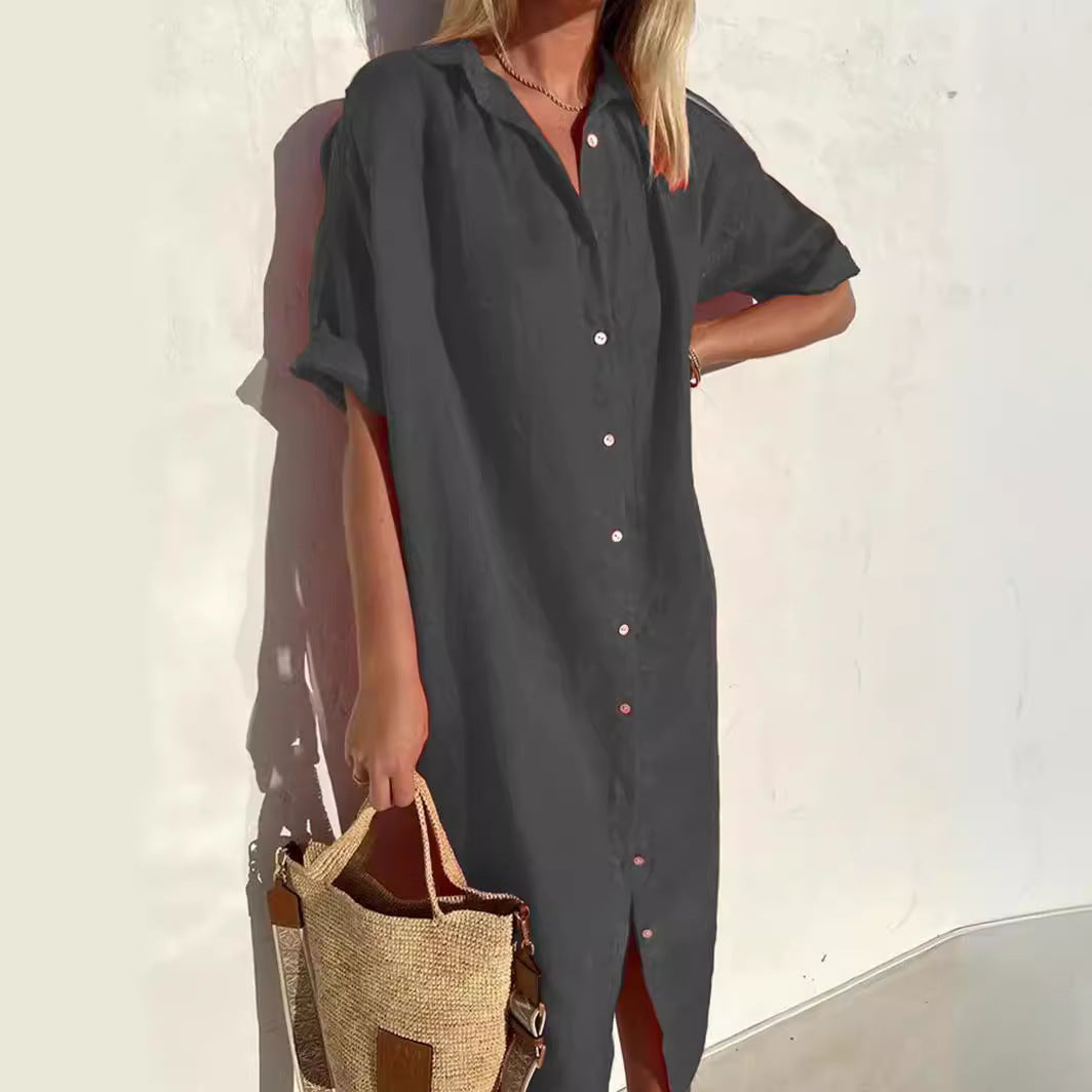 Loose Short Sleeve Button-Up Dress for Women