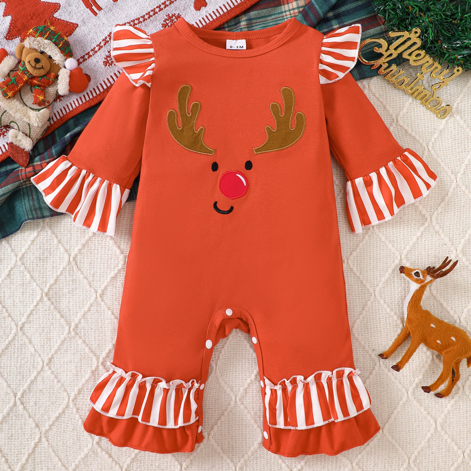 Infant Halloween Romper with Ruffle Ghost Deer Embroidery Long Sleeve Onesie Baby Outerwear Crawling Suit