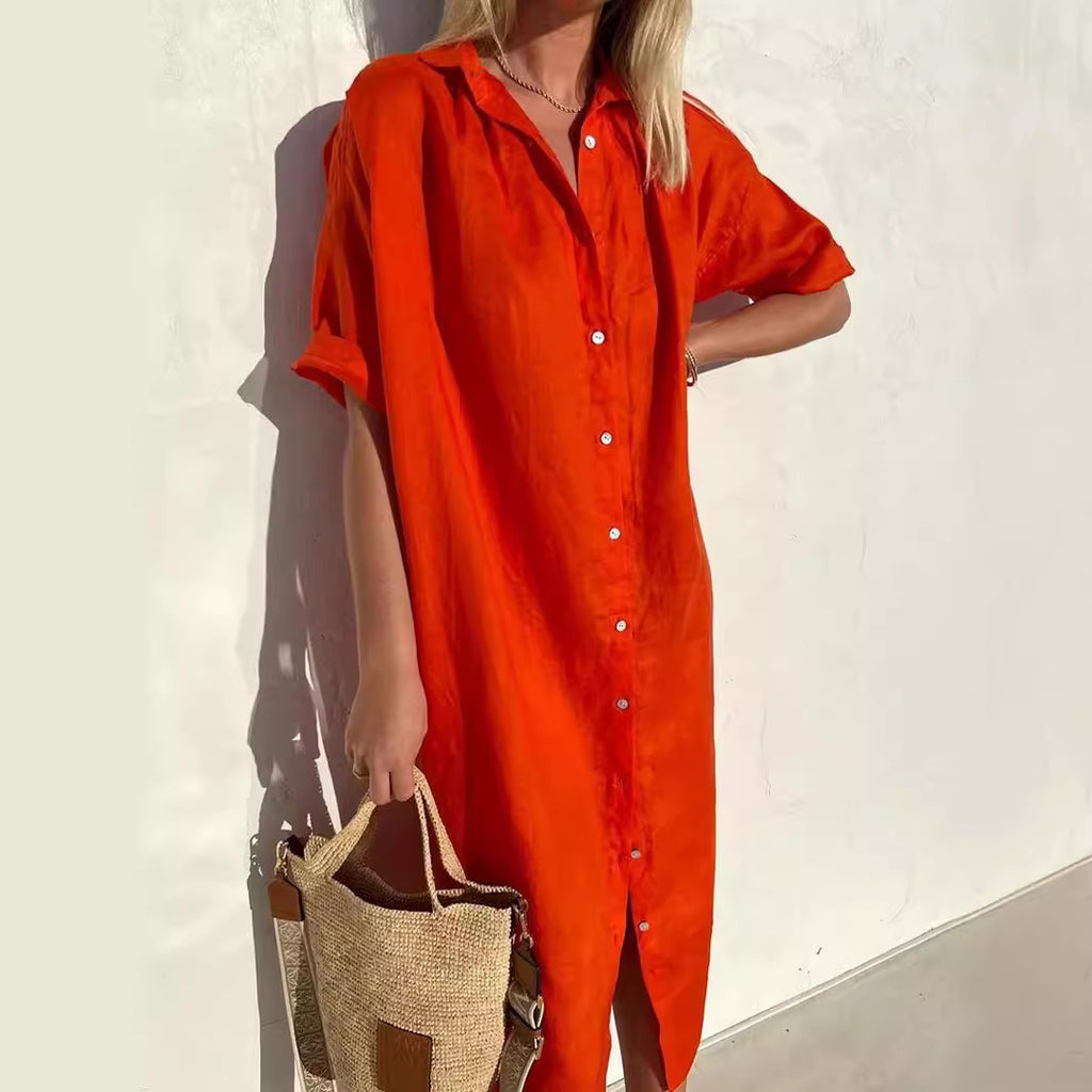 Loose Short Sleeve Button-Up Dress for Women
